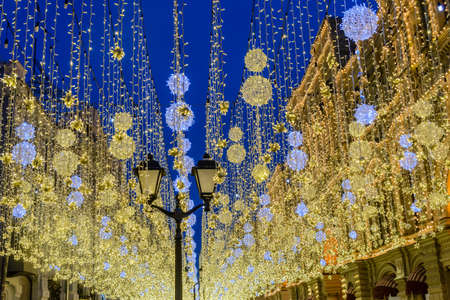 Beautiful street decoration from garlands for New Year's Eveの写真素材