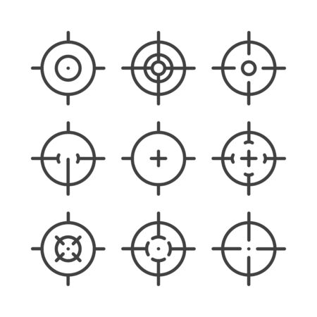 Black line icons set of targets and destination. Aim signs. Targeting and aiming pictograms. Sniper sight.のイラスト素材