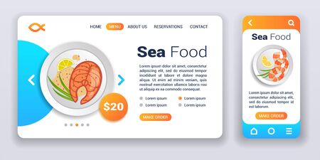 Sea food web banner and mobile app kit. Order and delivery. Cross platform. Flat illustration isolated flat icon, red fish steak with greenery and prawns with lemon on plateのイラスト素材