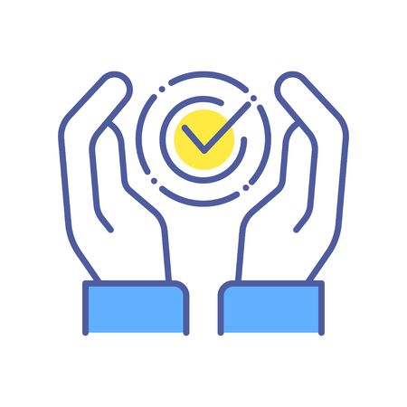 Approved color line icon. Hands holding agreement check mark concept.のイラスト素材