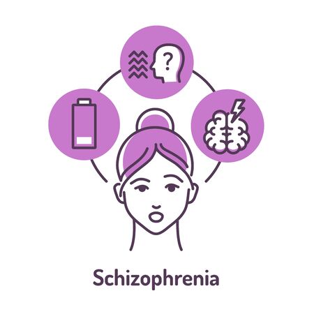 Schizophrenia color line icon on violet background. Insane person. Mental disorders. Symptoms: fatigue, hallucinations, thinking disorders. Pictogram for web page. Vector isolated illustration.のイラスト素材