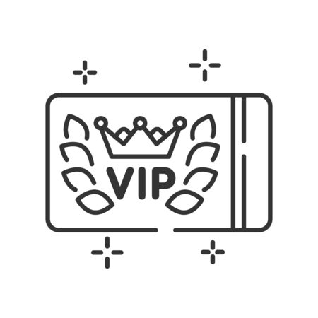 VIP card line black icon. Customer privilege web exclusive badge. White background with crown laurel wreath. Button for web or mobile app.のイラスト素材