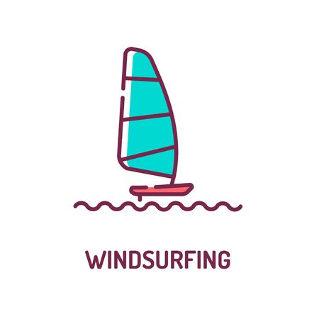 Windsurfing color line icon. Surface water sport. Combines elements of surfing and sailing. Pictogram for web page, mobile app, promo. UI UX GUI design element. Editable stroke.のイラスト素材