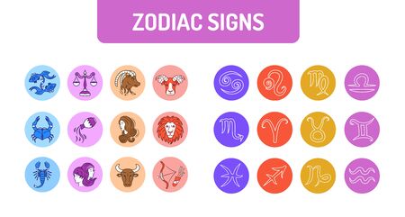 Zodiac signs color line icons set. Astrology. Horoscope. All zodiac signs and elements. Predictions and human character. Pictogram for web page, mobile app, promo. UI UX GUI design element. Editable strokeのイラスト素材