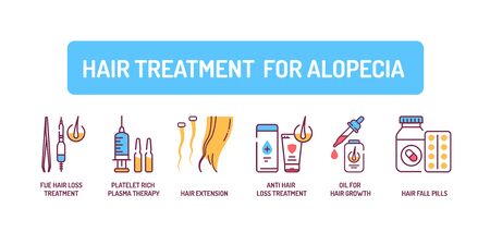 Hair treatment for alopecia color line icons set. Tools and actions that can help cure baldness. Alopecia. Pictogram for web page, mobile app, promo. UI UX GUI design element. Editable strokeのイラスト素材