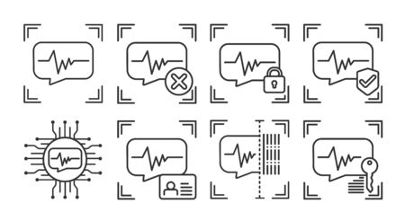 Voice identification scan black line icons set. Concept of: verifying person, blocked user, security, approved, ai, id, scanning, unlock access. Biometric identification elementsのイラスト素材