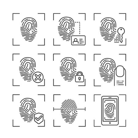 Fingerprint scan provides security access black line icons set. ID and verifying person. Concept of: authorization, dna system, scientific technology, scanning. Biometric identification elementのイラスト素材