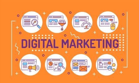 Digital marketing word lettering typography. SEO, website strategy. Infographics with linear icons on yellow background. Creative idea concept Isolated outline color illustrationのイラスト素材