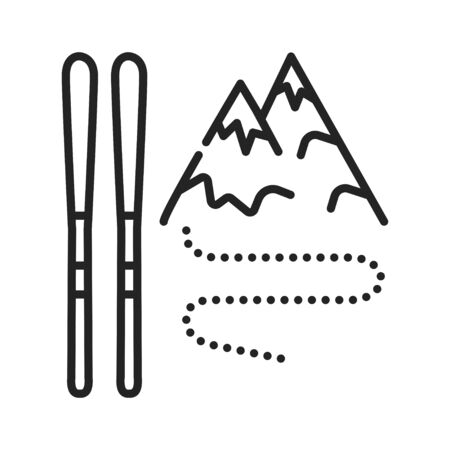 Skiing black line icon. Winter extreme sport. Ski resort. Pictogram for web page, mobile app, promo. UI UX GUI design element. Editable strokeのイラスト素材
