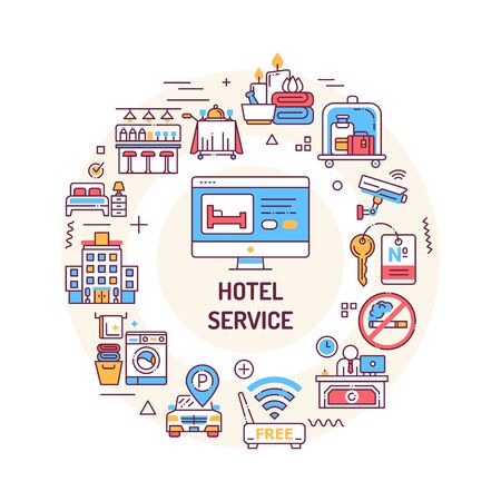 Hotel service web banner. Amenities for for guests. Hotel resort. Reservation apartament. Infographics with linear icons on red background. Creative idea concept Isolated outline color illustrationのイラスト素材