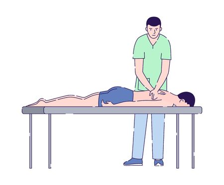 Male doctor massages a male patient flat vector illustration. Physiotherapy, acupuncture, rehabilitation concept. Health medical treatment. Isolated cartoon character on a white background.のイラスト素材