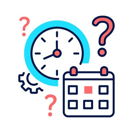 Clock and calendar with a question mark line color icon. Confusion with time and date. Dementia symptom. Memory loss. Sign for web page, mobile app, button, logo. Editable strokeのイラスト素材