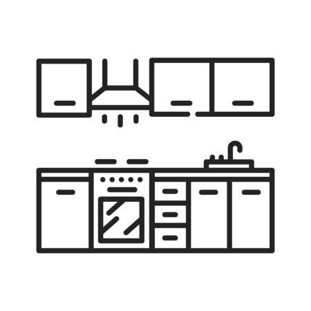 Kitchen interier black line icon. A room in the house used for cooking and food preparation. Pictogram for web page, mobile app, promo. UI UX GUI design element. Editable stroke.のイラスト素材