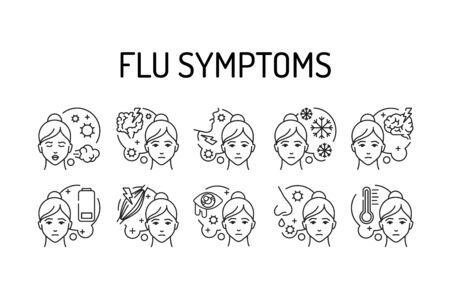 Flu symptoms black line icons set. Viral diseases, colds. Pictogram for web page, mobile app, promo. UI UX GUI design element. Editable stroke.の写真素材