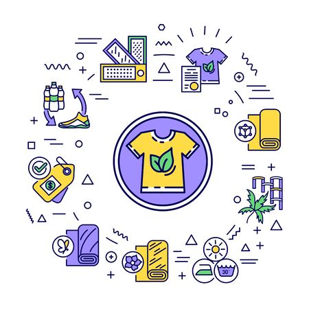 Eco textile web banner. Organic recyclable clothing. Infographics with linear icons on white background. Creative idea concept. Isolated outline color illustration.の写真素材
