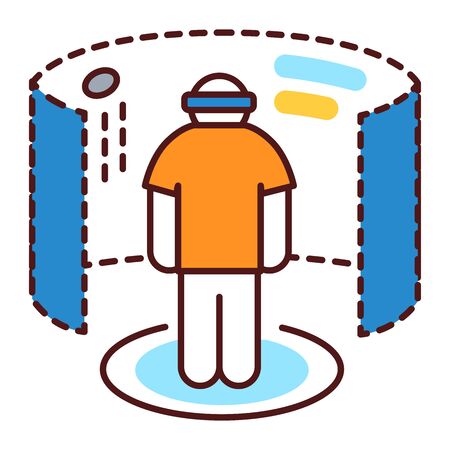Virtual reality gaming color line icon. Man in VR helmet gaming on platform. Cyberspace, simulation, interactive. Pictogram for web page, mobile app. UI UX GUI design element. Editable stroke.のイラスト素材