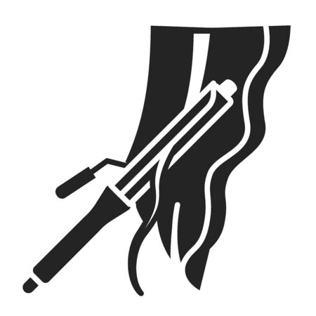 To curl hair black glyph icon. Curling iron. Hairdresser services. Professional hair styling. Beauty industry. Pictogram for web page, promo. UI UX GUI design element.のイラスト素材