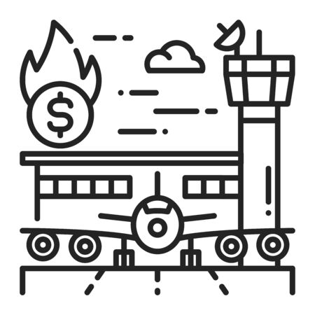 Airline bankruptcy black line icon. Economic crisis. Collapse tourism. Markets plunging. Sign for web page, app. UI UX GUI design element. Editable stroke.のイラスト素材