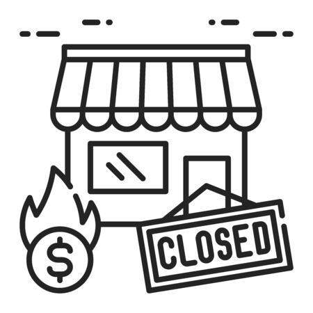 Building closing black line icon. Collapse business. Economic risis. Markets plunging. Sign for web page, app. UI UX GUI design element. Editable strokeのイラスト素材
