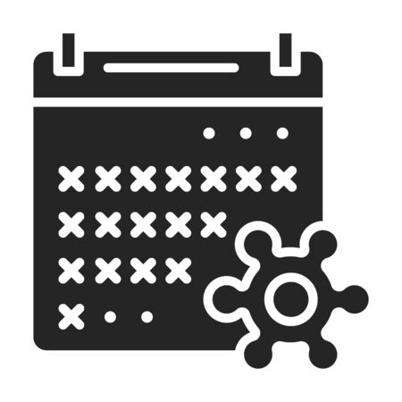 Quarantine black glyph icon. Self- isolation, period. Calendar with crossed period and virus. Pictogram for web page, mobile app, promo.のイラスト素材