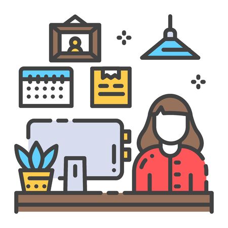 Girl at the laptop color line icon. Remote work freelancer. Home leisure. Indoor view of office with elements decor. Vector isolated illustration. Editable stroke.のイラスト素材