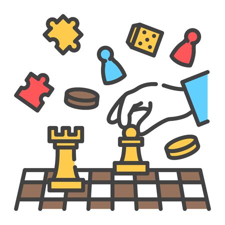 Board game of chess color line icon. Hand holding chess figure. Home leisure. Vector isolated illustration. Editable strokeのイラスト素材