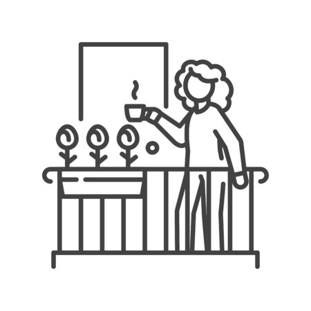 Woman are standing on balcony and drinking tea color line icon. Home facade balcony with window. Vector isolated illustration. Editable strokeのイラスト素材