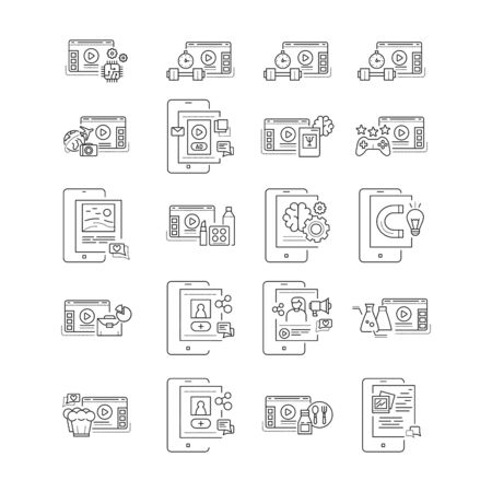 Blogging on web site and smartphone black line icons set. Content promotion video streaming. Vlogging. Pictograms for web page, mobile app, promo. UI UX GUI design elements. Editable strokeのイラスト素材