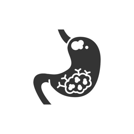 Stomach cancer black glyph icon. Human organ concept. Malignant neoplasm. Sign for web page, mobile app, button. Vector isolated elementのイラスト素材