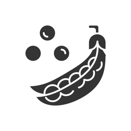 Pods of green peas and scattered pea beans black glyph icon. Natural vegetable. Healthy, organic food. Cooking ingredient. Pictogram for web page, mobile app, promo. UI UX GUI design elementのイラスト素材