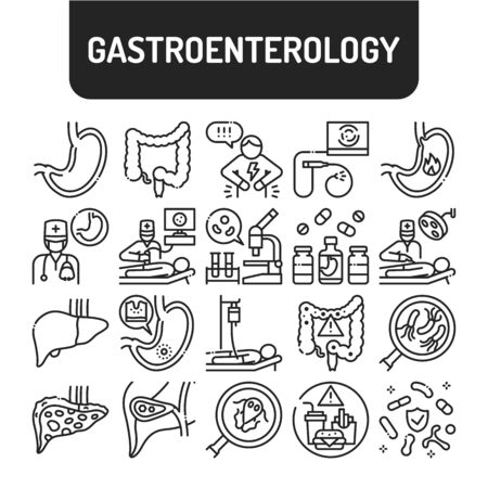 Gastroenterology black line icons set. Abdominal medical examination. Pictograms for web, mobile app, promo. UI UX design elements. Editable strokeのイラスト素材