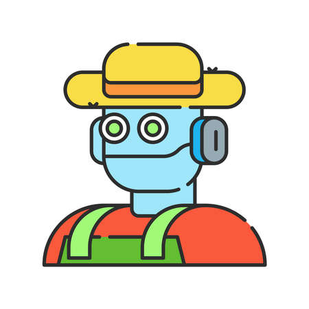 Futuristic robot farmer to increase efficiency. Agricultural IOT. Smart farming color linear icon. Sign for web page, app. UI UX GUI design element. Editable stroke. Pixel Perfect.のイラスト素材