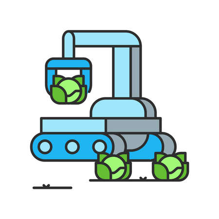 Smart robotic farmers analyze the growth and harvesting plants. Futuristic robot arm automation to increase efficiency. Industry robot color line icon. IOT. Smart farming. Sign for web page, app. UI UX GUI design element. Editable stroke.のイラスト素材