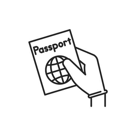 Hand in glove holds passport black line icon. Safe travel. Pictogram for web, mobile app, promo. UI UX design elementのイラスト素材