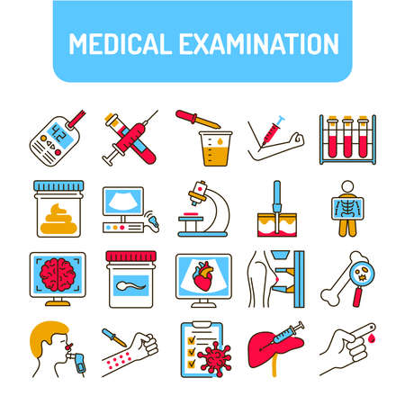 Medical tests color line icons set. Laboratory diagnostics. Pictograms for web, mobile app, promo. UI UX design element.のイラスト素材