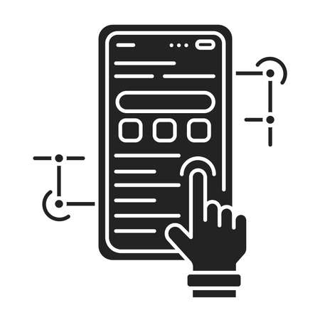App development black glyph icon. Process by which a mobile app is developed for mobile devices. Pictogram for web page, promo. UI UX GUI design elementのイラスト素材