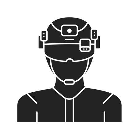 Augmented reality in military black glyph icon. Man in VR helmet. Pictogram for web page, mobile app, promo. UI UX GUI design elementのイラスト素材