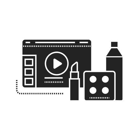 Online beauty product blog promotion web site black glyph icon. Beauty industry video streaming sign. Vlogging. Pictogram for web page, mobile app, promo. UI UX GUI design elementのイラスト素材