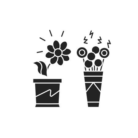 Living plants vs artificial black glyph icon. A real plant needs care. Artificial can live forever without care. Pictogram for web page, mobile app, promo. UI UX GUI design elementのイラスト素材