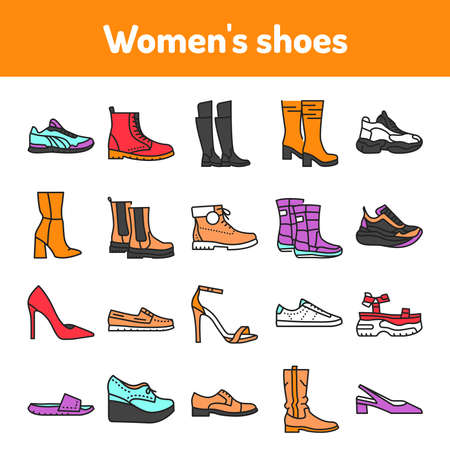Womens shoes color line icons set. Pictograms for web page, mobile app, promo.のイラスト素材
