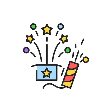 Fireworks and clapperboard color line icon. Glowing lights. Editable stroke.のイラスト素材