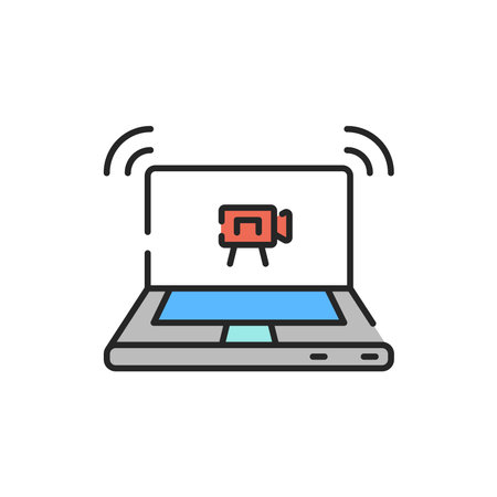Record in laptop color line icon. Podcasting. Editable stroke.のイラスト素材