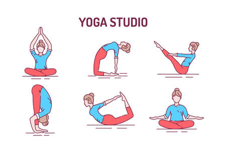 Yoga color line icons set. Different yoga poses and asanas. Pictogram for web page, mobile app, promo. UI UX GUI design element. Editable stroke.のイラスト素材