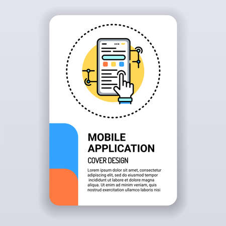 Mobile application brochure template. App development cover design. Print design with linear illustration cartoon character on a white background.のイラスト素材