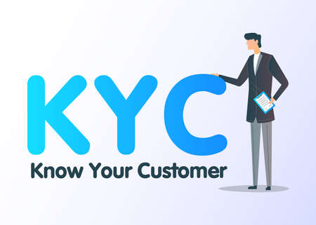 Know your customer flat vector illustration. Ban maintenance of anonymous bank accounts. Isolated cartoon character with text KYC on a white background.のイラスト素材