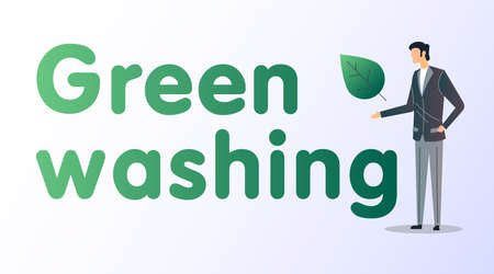 Green washing flat vector illustration. Green camouflage. Dubious manufacturers. Isolated cartoon character with text on a white background.のイラスト素材