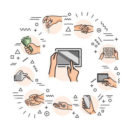 Hands holding web banner. Infographics with linear icons on white background. Creative idea concept.のイラスト素材