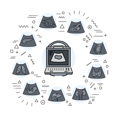 Ultrasonography web banner. Infographics with linear icons on white background. Creative idea concept.のイラスト素材
