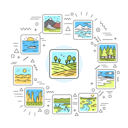 Landscape web banner. Infographics with linear iconsのイラスト素材