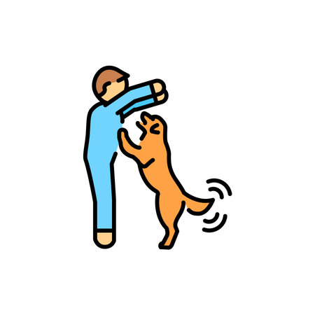 Joyful pet jumps on the owner color line icon. Dog training. Animal education.のイラスト素材